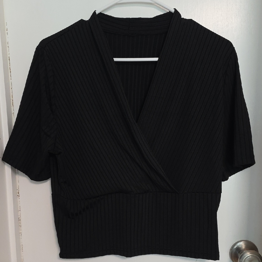 Flamingo Solid Ribbed Surplice Neck Crop Top - image 1